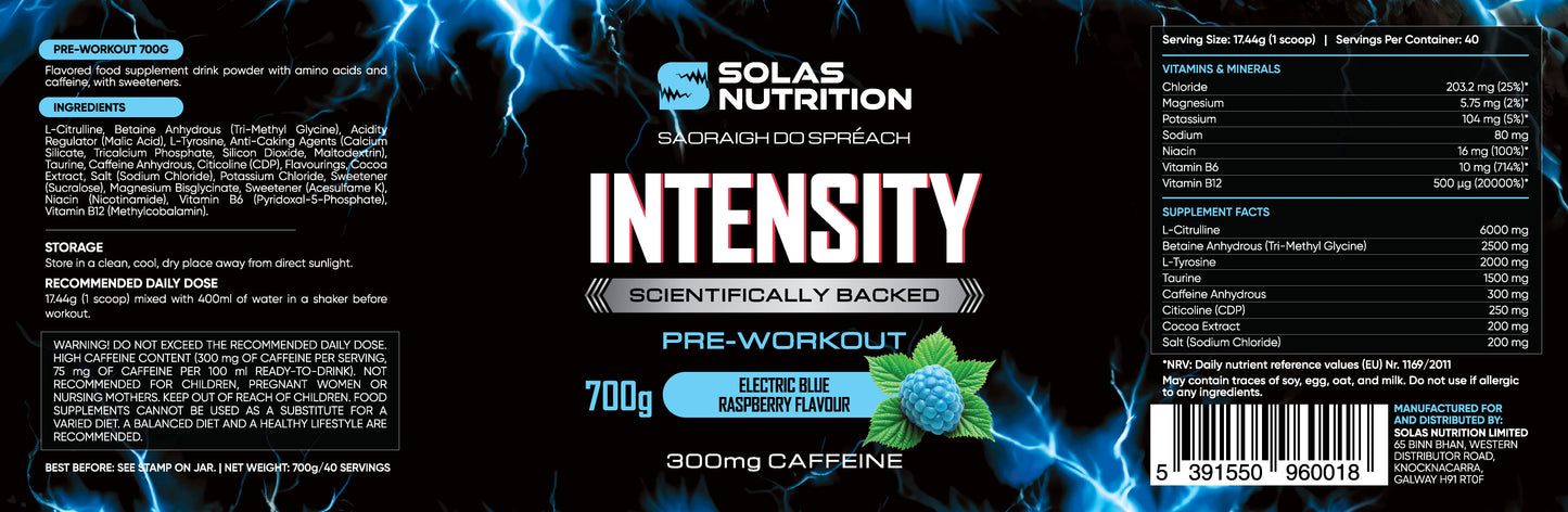 Solas Nutrition INTENSITY Pre-Workout Powder – Energy, Focus & Pump Formula (Blue Raspberry, 40 Servings)