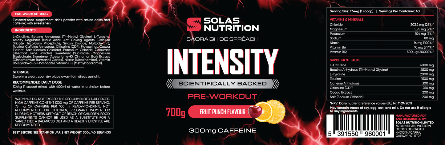 Solas Nutrition INTENSITY Pre-Workout Powder – Energy, Focus & Pump Formula (Fruit Punch 40 Servings)